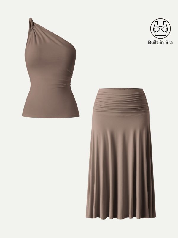 2Pcs Set One Shoulder Twisted Bra Tank & Side Ruched A-line Midi Skirt