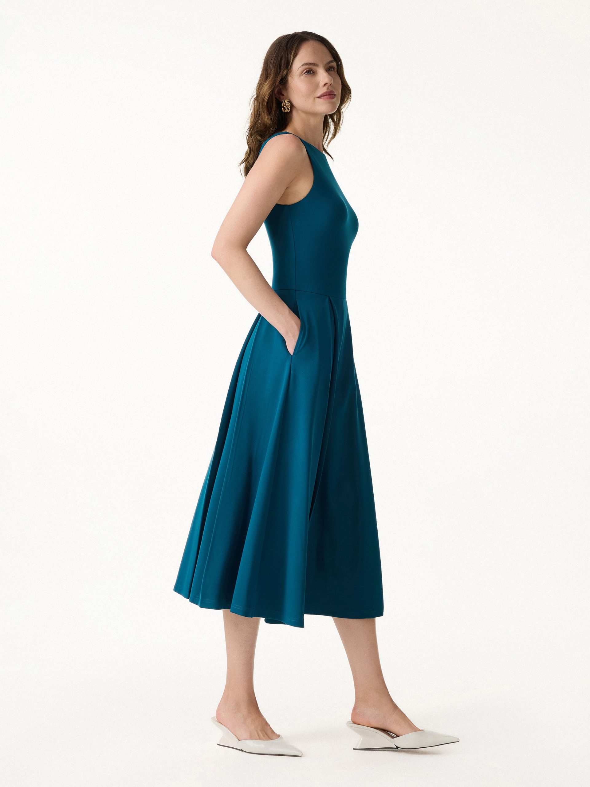 Boatneck Pleated Fit-and-Flare Midi Bra Dress with Pockets - Image 8