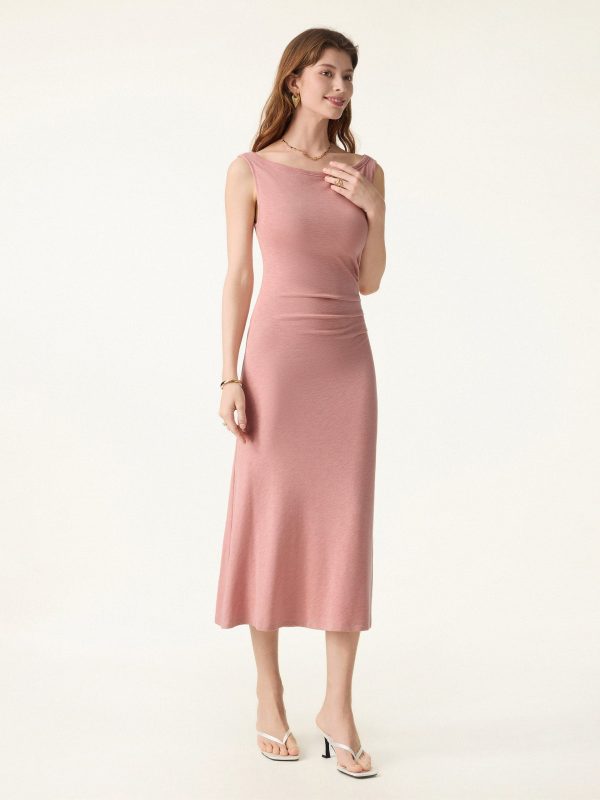 Elegant Boatneck Tucked Fit-and-Flare Midi Bra Dress