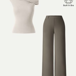 2Pcs Set Multi-wear Bra Top &  Slimming High Rise Wide Leg Pants - Image 4
