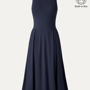 Boatneck Pleated Fit-and-Flare Midi Bra Dress with Pockets - Image 16