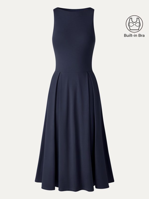 Boatneck Pleated Fit-and-Flare Midi Bra Dress with Pockets