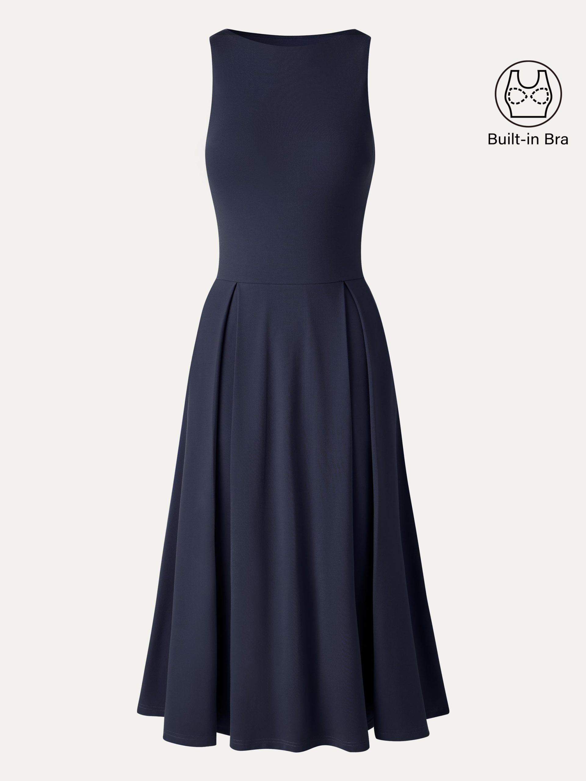 Boatneck Pleated Fit-and-Flare Midi Bra Dress with Pockets - Image 16