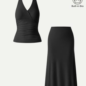 2Pcs Set Halter Neck Bra Tank & Pull-on Mermaid Midi Skirt - Image 8