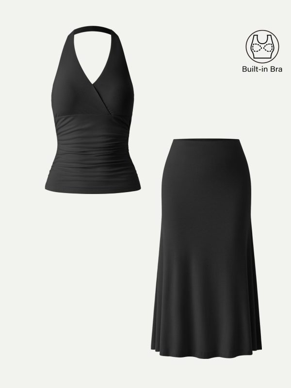 2Pcs Set Halter Neck Bra Tank & Pull-on Mermaid Midi Skirt