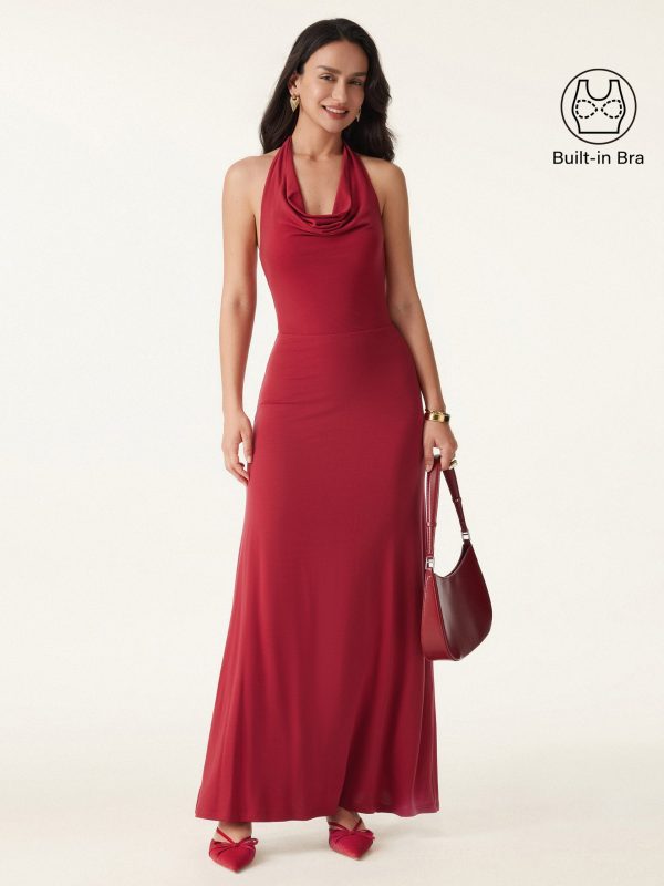 Stunning Cowl Neck Flared Maxi Bra Dress