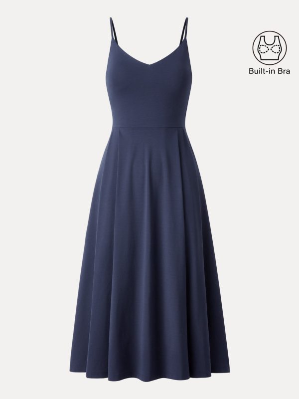Bamboo Ponte V-neck Fit-and-flare Midi Bra Sundress with Pockets