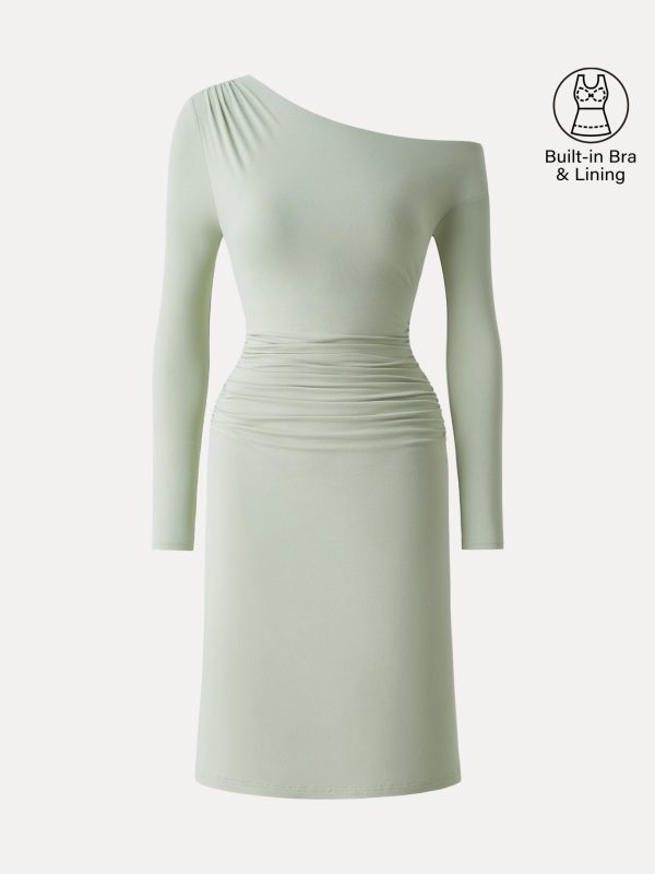 SkinKiss Asymmetrical Neck Ruched Knee Bra Dress