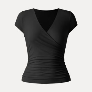 Surplice Cap Sleeve Side Ruched Fitted Tee - Image 16