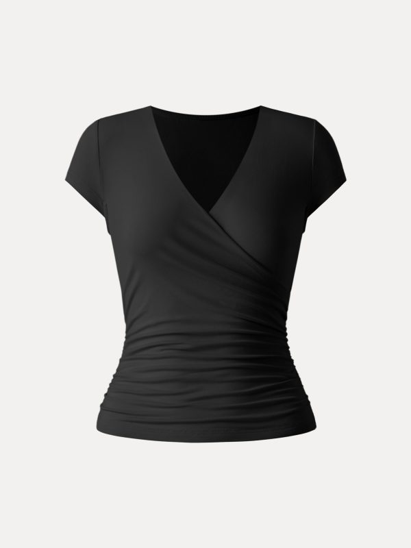 Surplice Cap Sleeve Side Ruched Fitted Tee