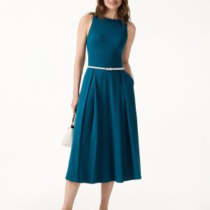 Boatneck Pleated Fit-and-Flare Midi Bra Dress with Pockets - Image 2