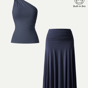 2Pcs Set One Shoulder Twisted Bra Tank & Side Ruched A-line Midi Skirt - Image 3