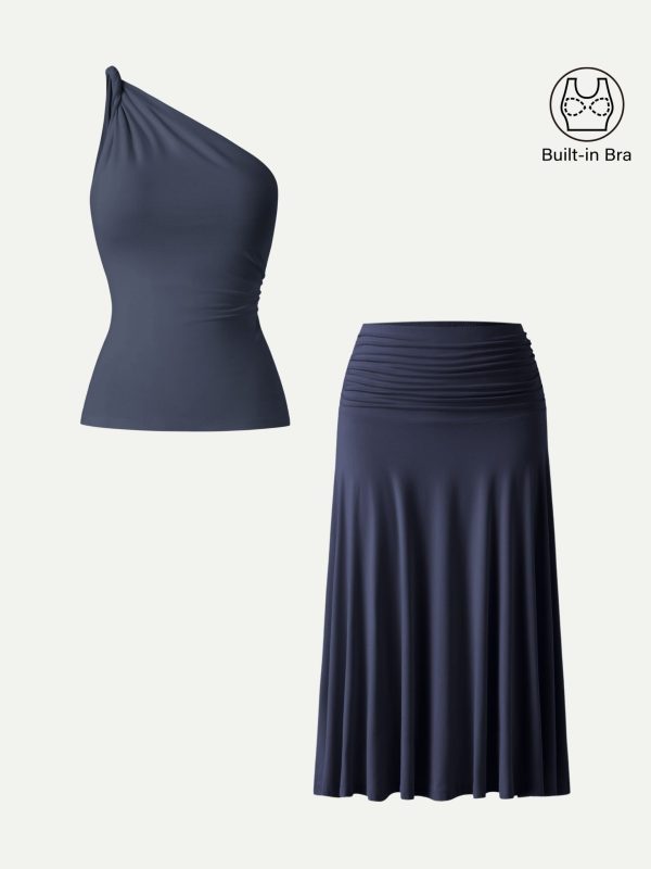 2Pcs Set One Shoulder Twisted Bra Tank & Side Ruched A-line Midi Skirt