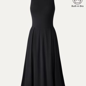 Boatneck Pleated Fit-and-Flare Midi Bra Dress with Pockets - Image 17