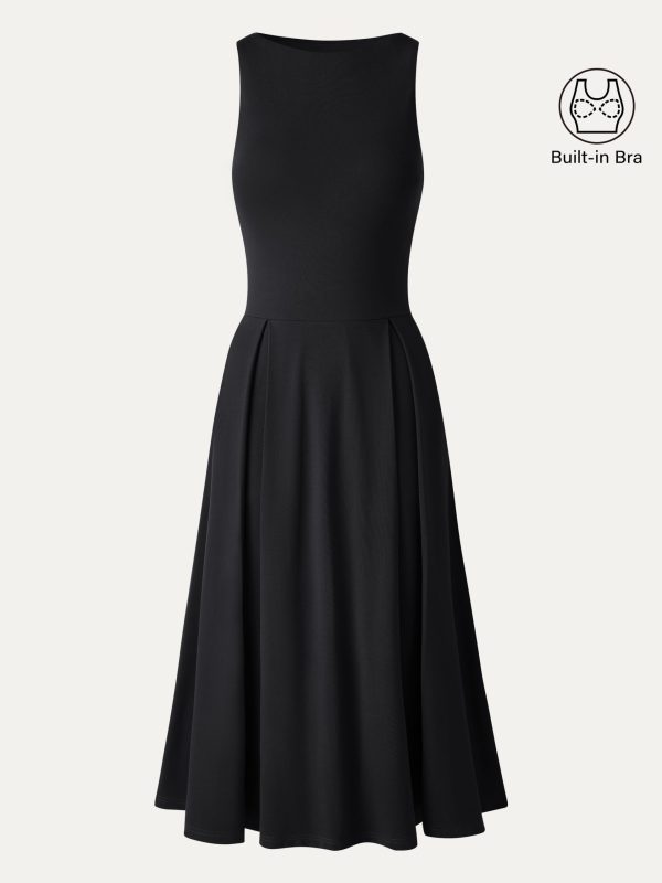 Boatneck Pleated Fit-and-Flare Midi Bra Dress with Pockets