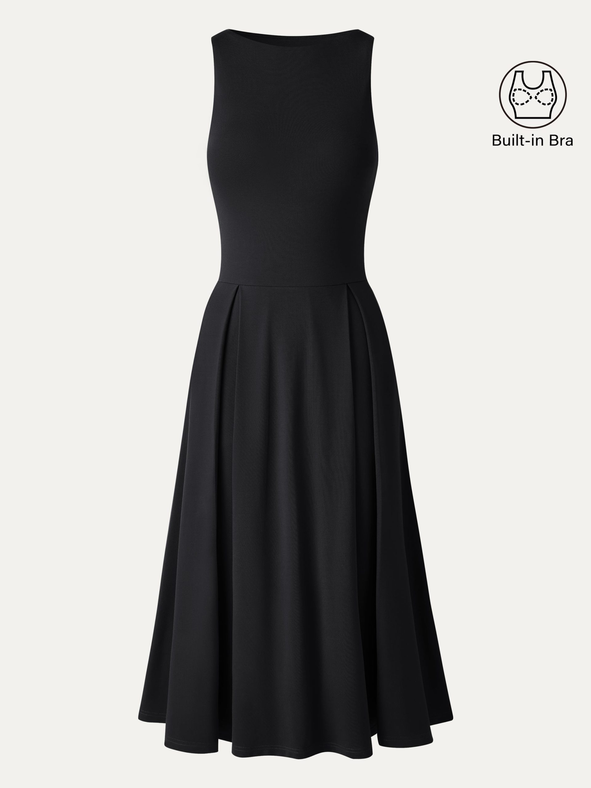 Boatneck Pleated Fit-and-Flare Midi Bra Dress with Pockets - Image 17