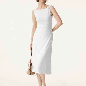 Classy Boatneck Open Back Bandless Midi Bra Dress - Image 7