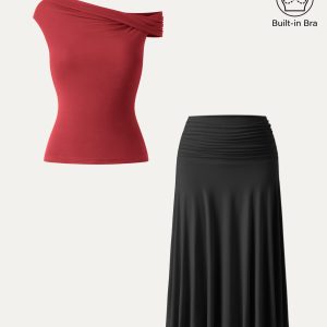2Pcs Set Multi-wear Bra Top & Side Ruched A-line Midi Skirt - Image 9