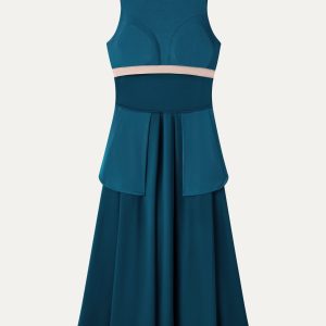 Boatneck Pleated Fit-and-Flare Midi Bra Dress with Pockets - Image 11