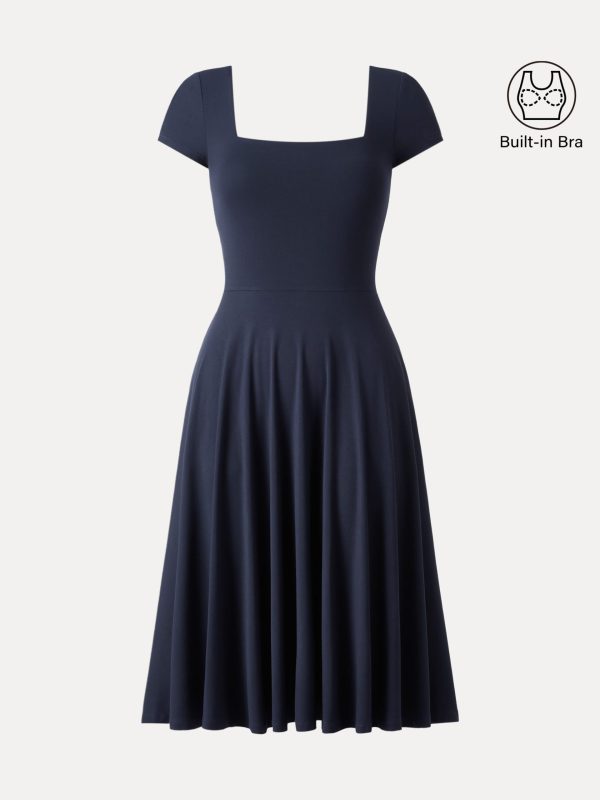 Flowy Square Neck Short Sleeve Midi Bra Dress