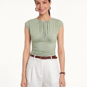 Cooling SkinKiss Ruched Round Neck Cap Sleeve Bra Top - Image 16