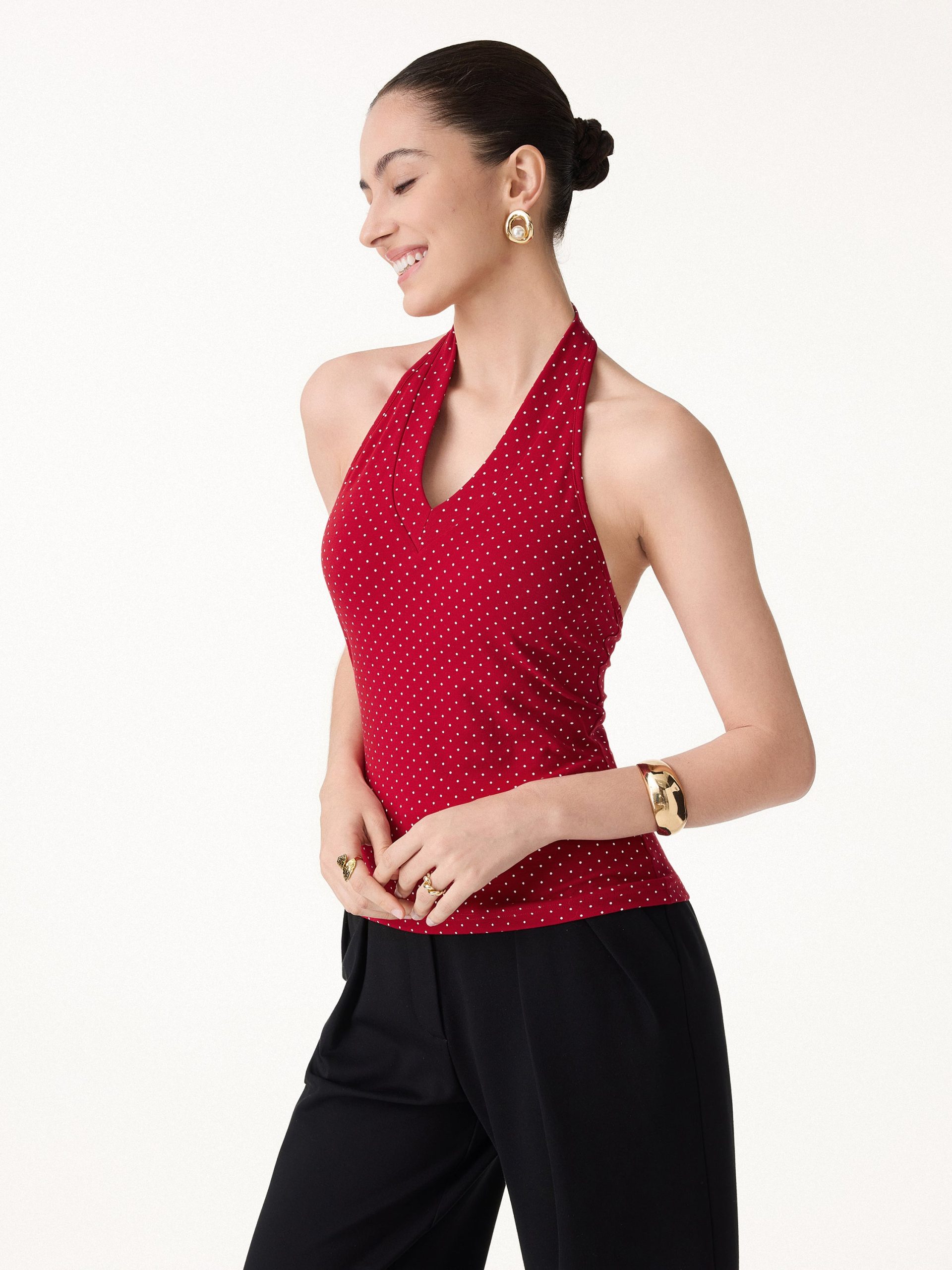 Stretch Cotton Polka Dot Halter Neck Open Back Bra Top - Image 7