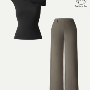 2Pcs Set Multi-wear Bra Top &  Slimming High Rise Wide Leg Pants - Image 5