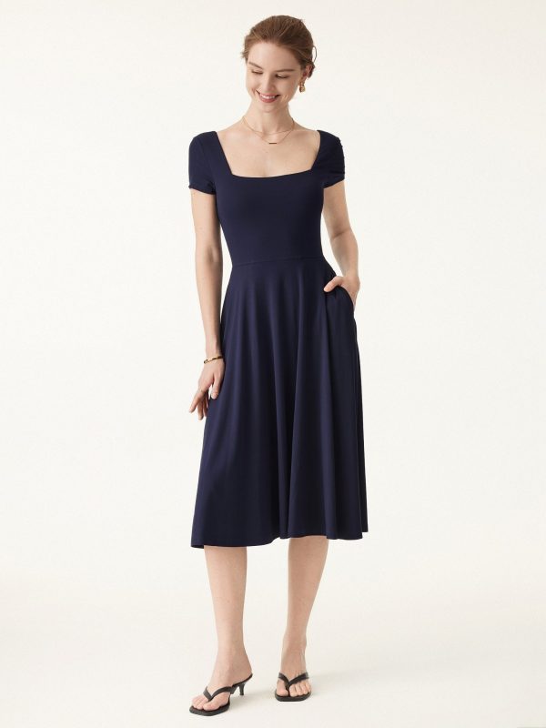 Flowy Square Neck Short Sleeve Midi Bra Dress