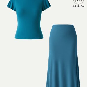 2Pcs Set SkinKiss Cowl Back Flutter Sleeve Bra Top & Pull-on Midi Skirt - Image 3