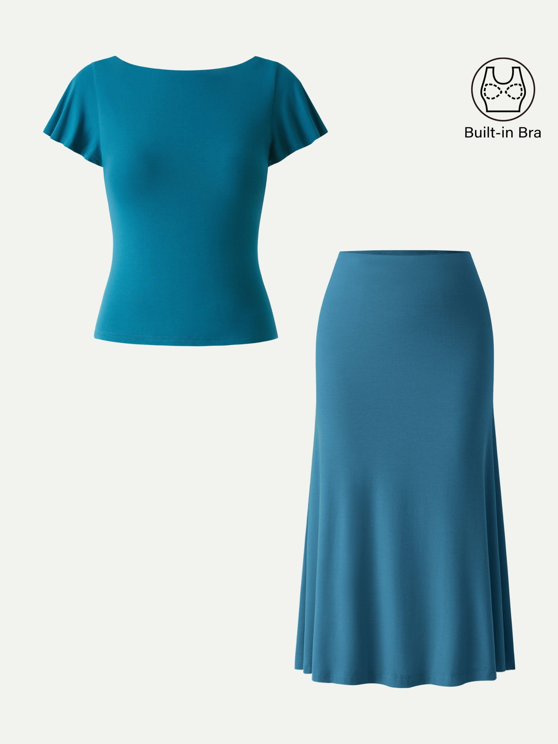 2Pcs Set SkinKiss Cowl Back Flutter Sleeve Bra Top & Pull-on Midi Skirt - Image 3