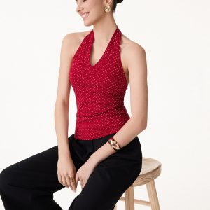 Stretch Cotton Polka Dot Halter Neck Open Back Bra Top - Image 1