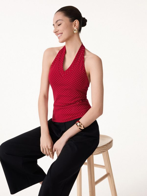 Stretch Cotton Polka Dot Halter Neck Open Back Bra Top