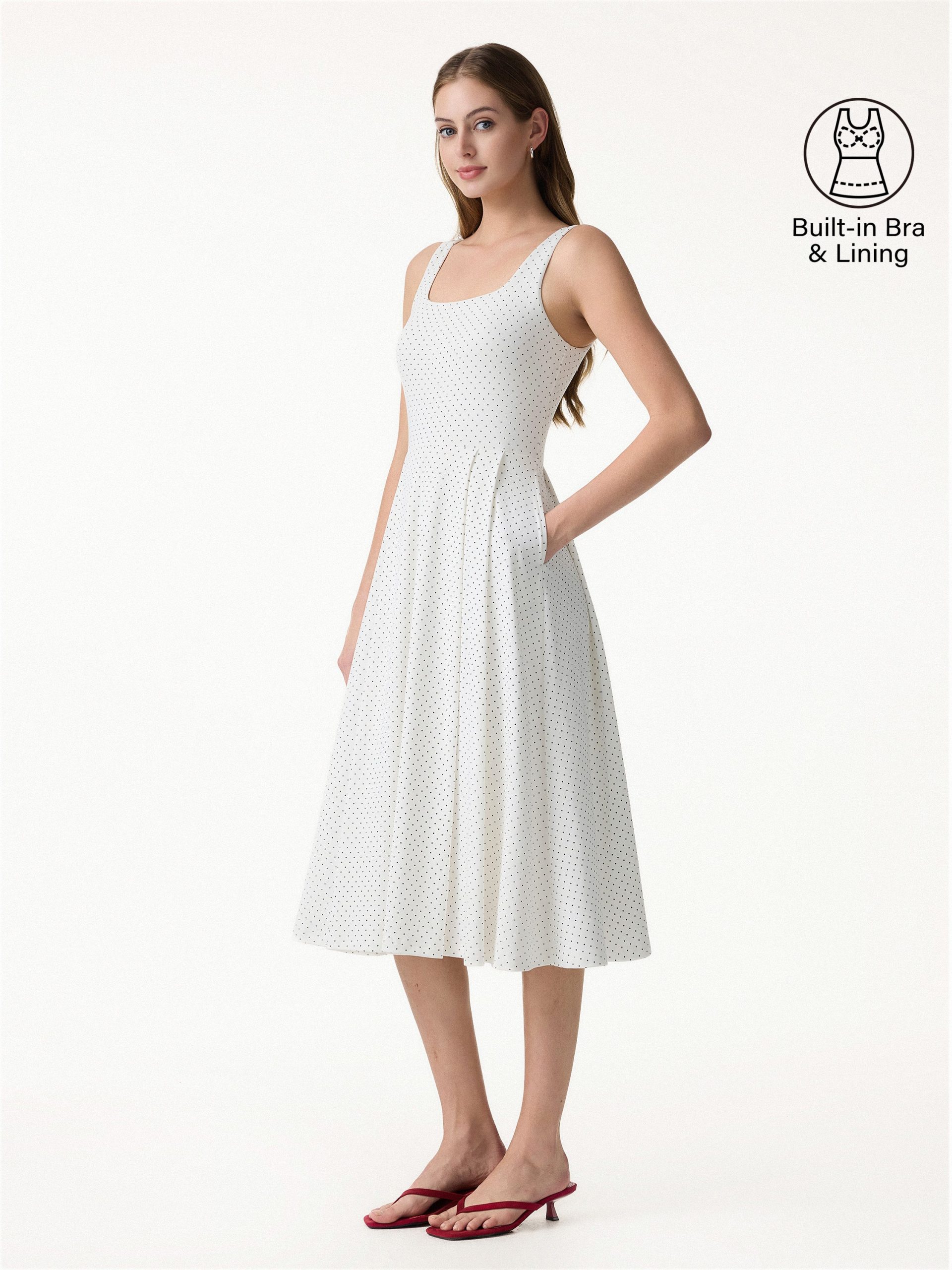 Stretch Cotton Polka Dot Square Neck Midi Bra Dress with Pockets Limited Edition - Image 1