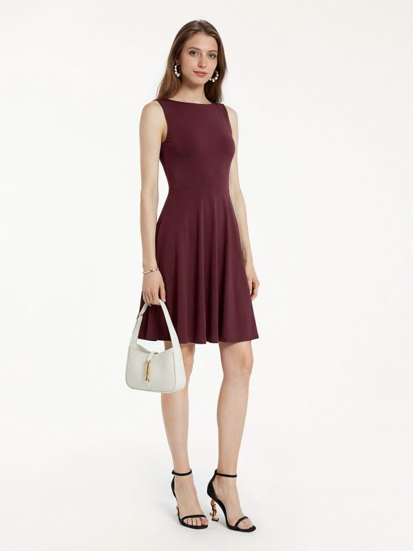 Stretchy Boatneck Fit-and-Flare Mini Bra Dress with Pockets