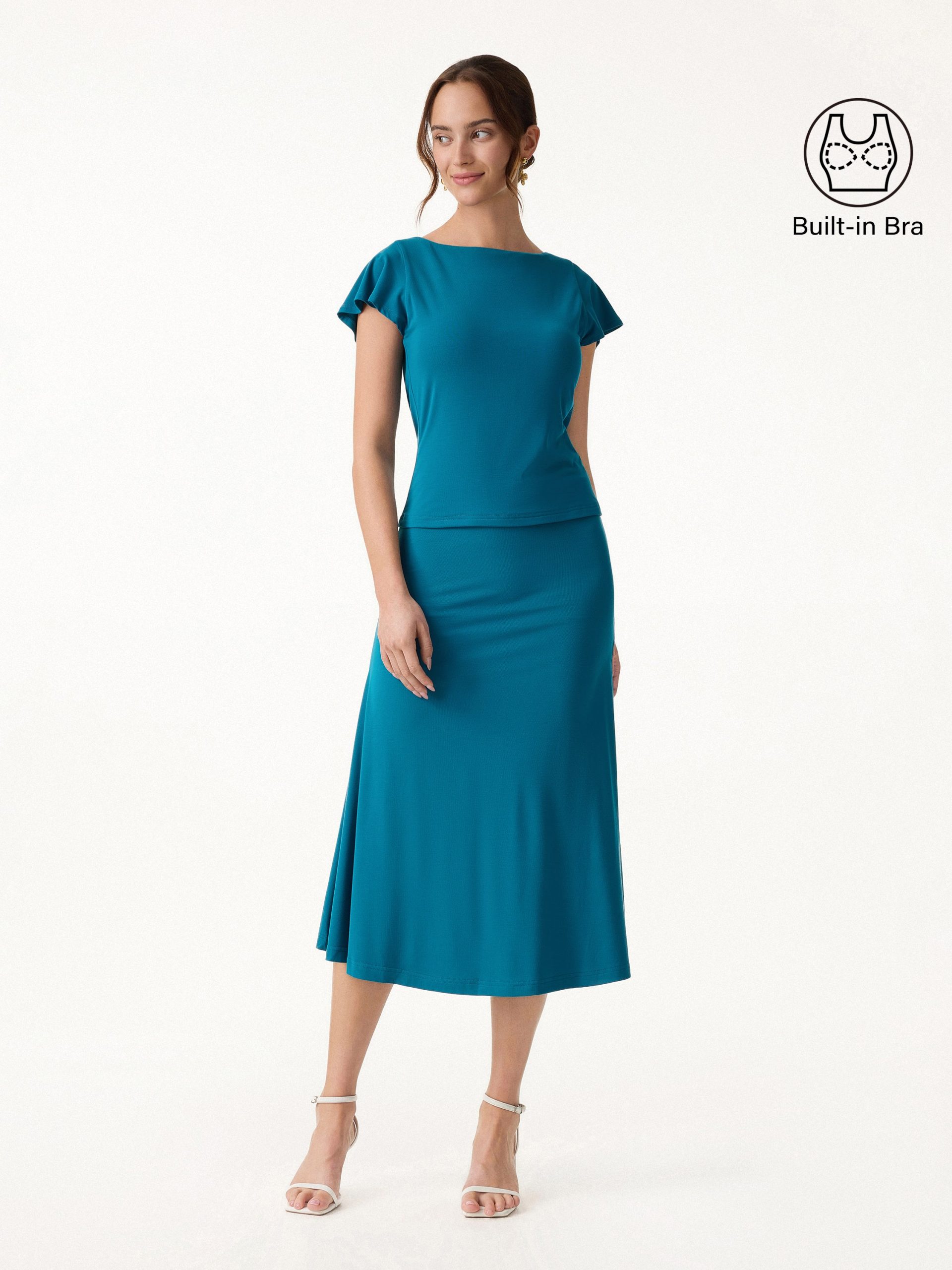 2Pcs Set SkinKiss Cowl Back Flutter Sleeve Bra Top & Pull-on Midi Skirt - Image 2
