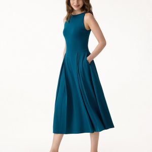 Boatneck Pleated Fit-and-Flare Midi Bra Dress with Pockets - Image 7