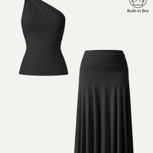 2Pcs Set One Shoulder Twisted Bra Tank & Side Ruched A-line Midi Skirt - Image 5