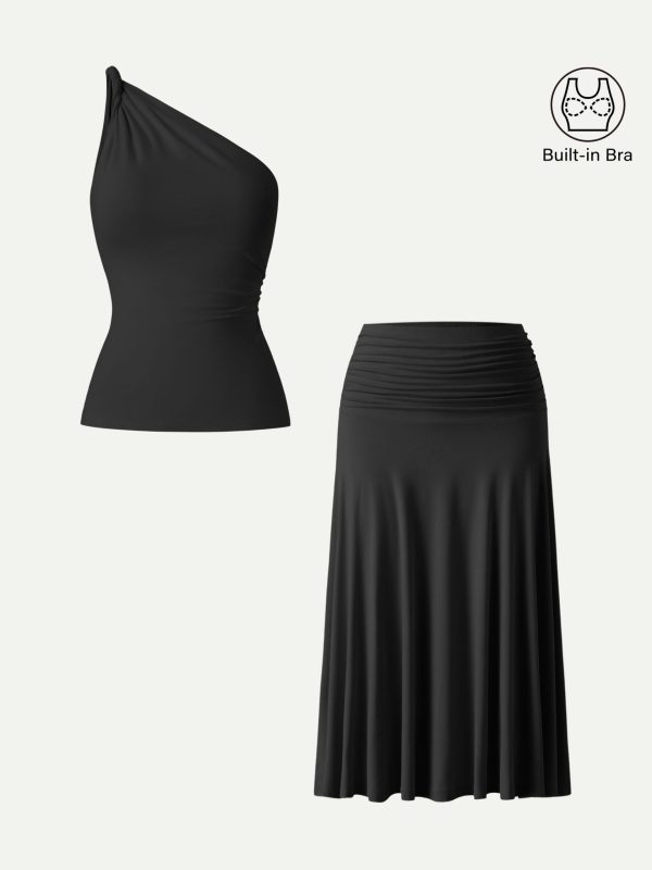2Pcs Set One Shoulder Twisted Bra Tank & Side Ruched A-line Midi Skirt