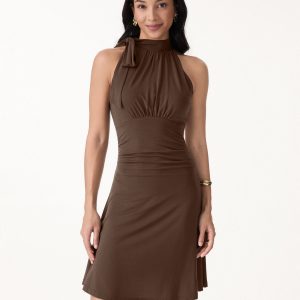 Milky Matte Mockneck Bow Tie Ruched Mini Bra Dress - Image 7