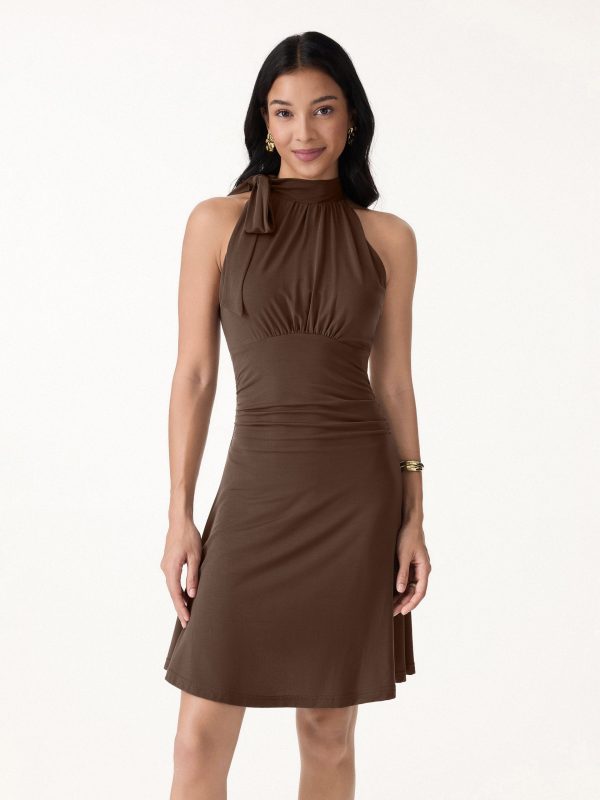 Milky Matte Mockneck Bow Tie Ruched Mini Bra Dress