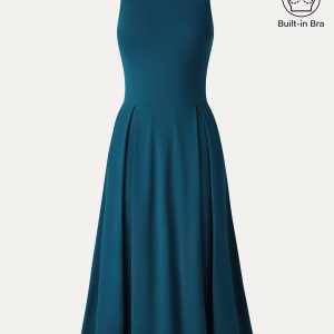 Boatneck Pleated Fit-and-Flare Midi Bra Dress with Pockets - Image 12