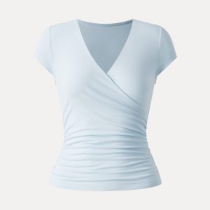 Surplice Cap Sleeve Side Ruched Fitted Tee - Image 3