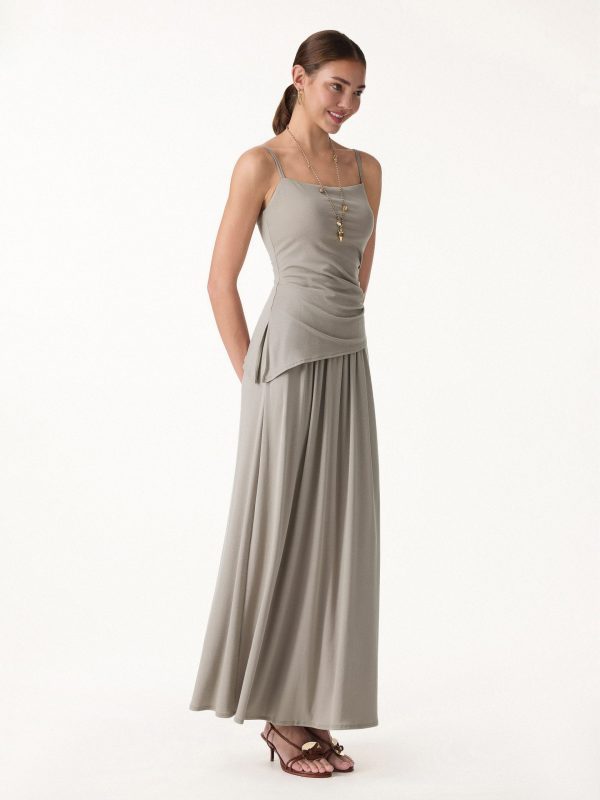 2Pcs Set Spaghetti Bra Top with Side Slit & A-Line Maxi Skirt with Pockets