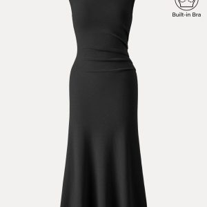 Elegant Boatneck Tucked Fit-and-Flare Midi Bra Dress - Image 13