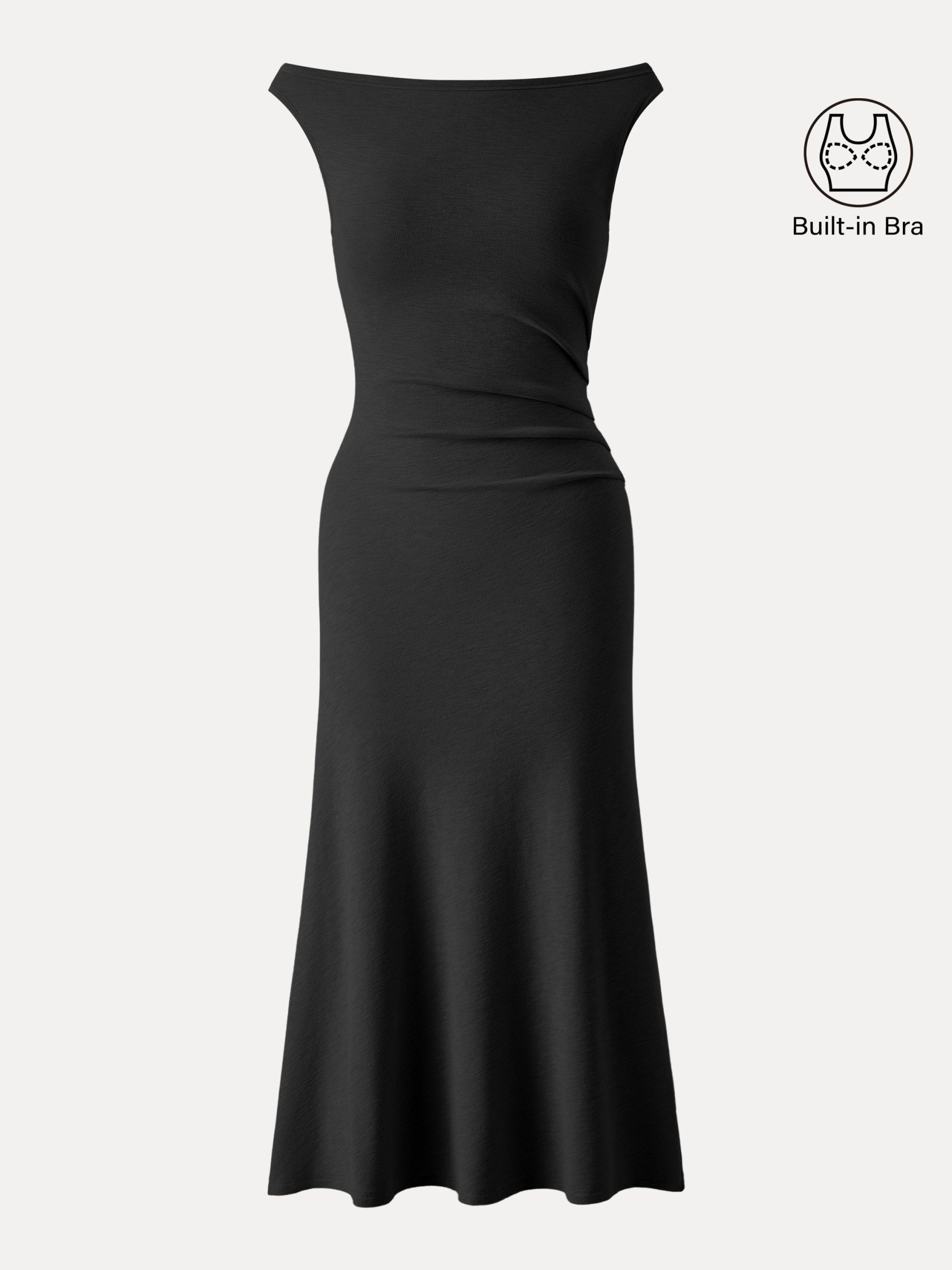 Elegant Boatneck Tucked Fit-and-Flare Midi Bra Dress - Image 13