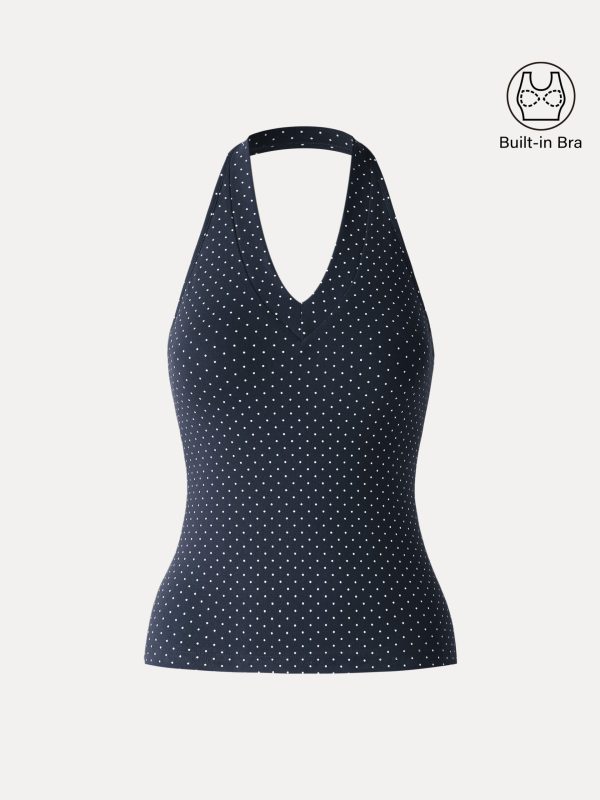 Stretch Cotton Polka Dot Halter Neck Open Back Bra Top