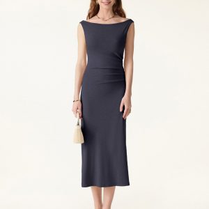 Elegant Boatneck Tucked Fit-and-Flare Midi Bra Dress - Image 1