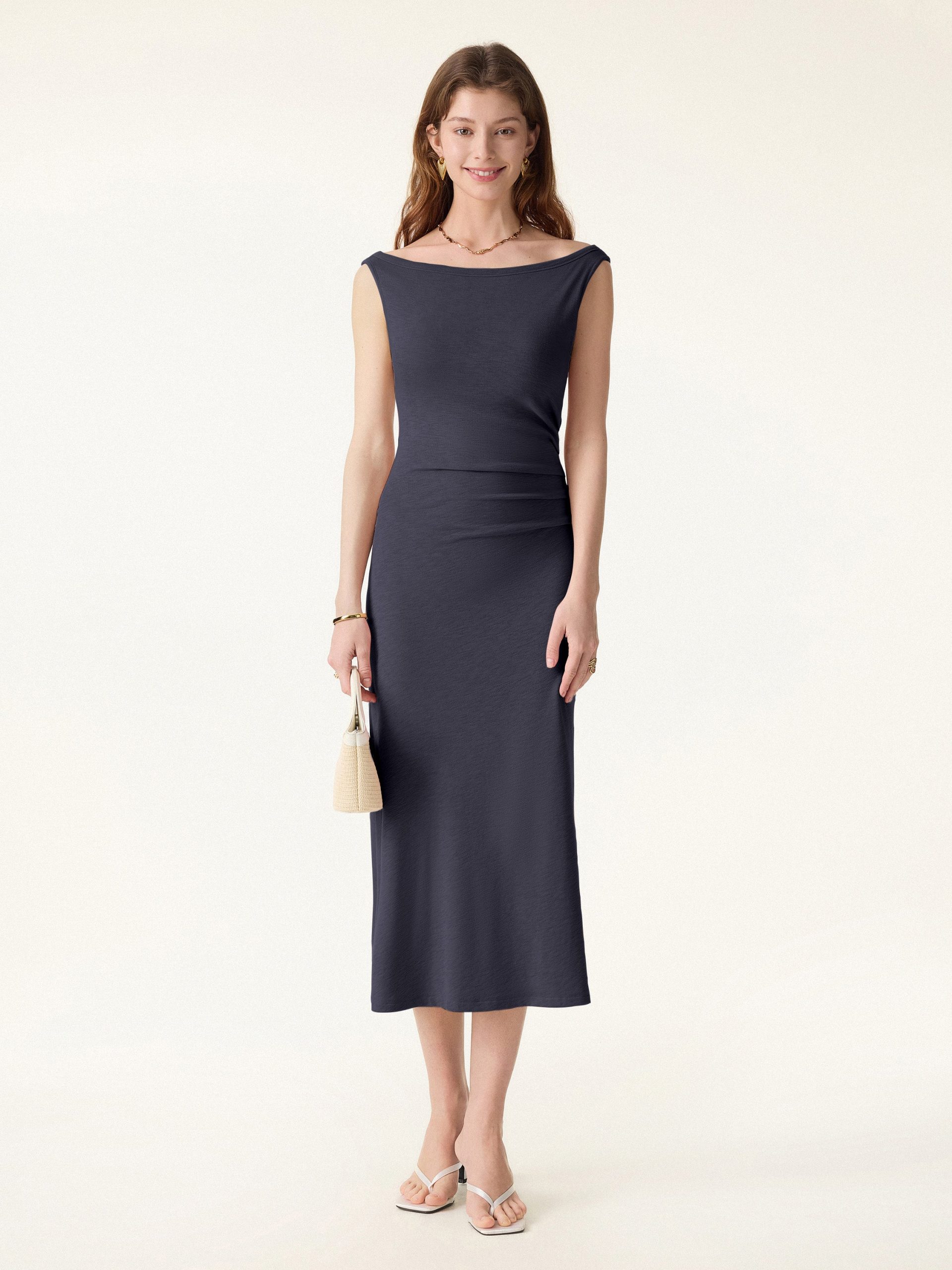 Elegant Boatneck Tucked Fit-and-Flare Midi Bra Dress - Image 1