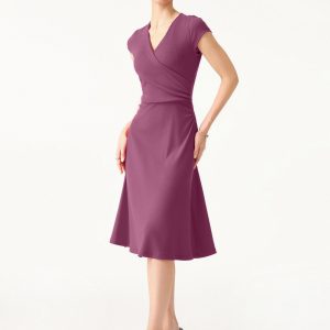 Stretch Cotton Surplice V-neck Cap Sleeve Midi Dress - Image 12