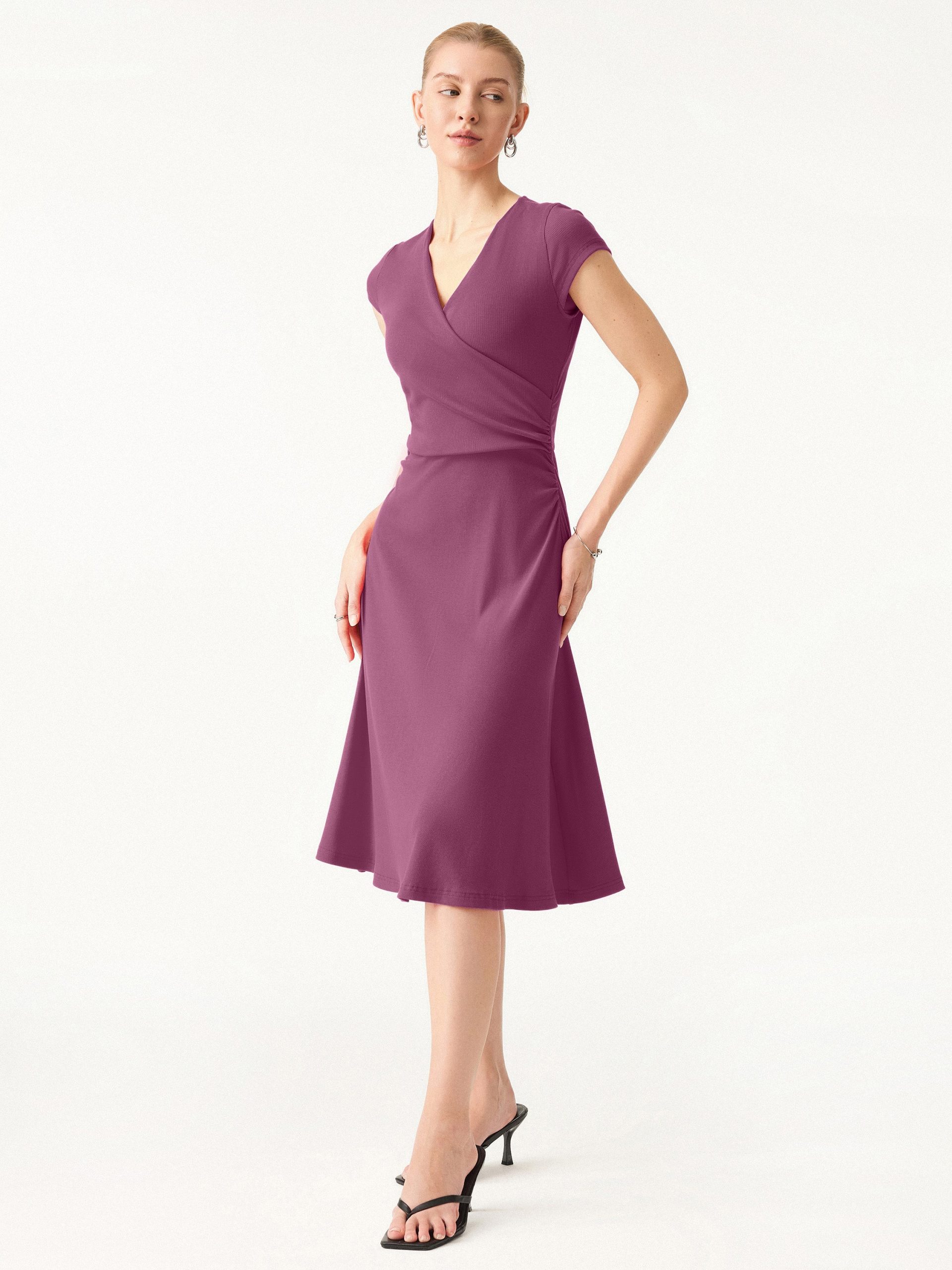 Stretch Cotton Surplice V-neck Cap Sleeve Midi Dress - Image 12